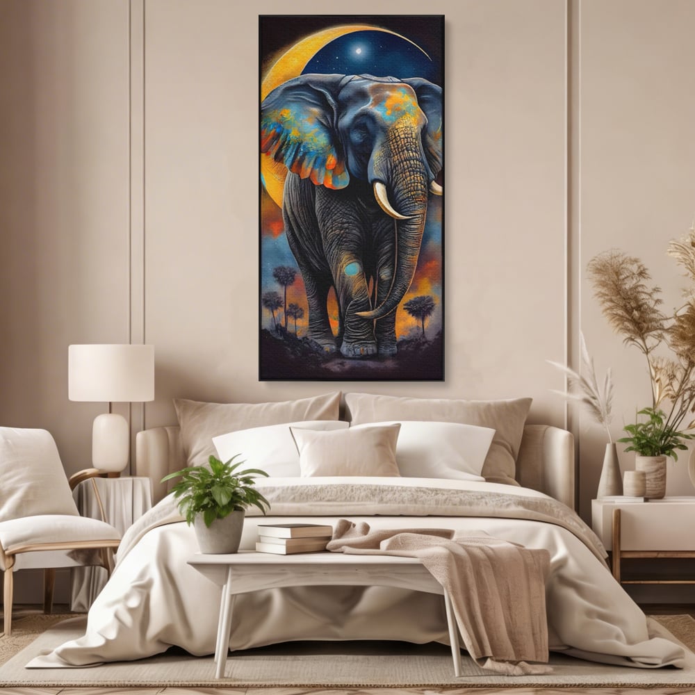 Tablou canvas cu tablou canvas cu elefant colorat si luna, in rama de aluminiu negru, pe perete intr-un dormitor